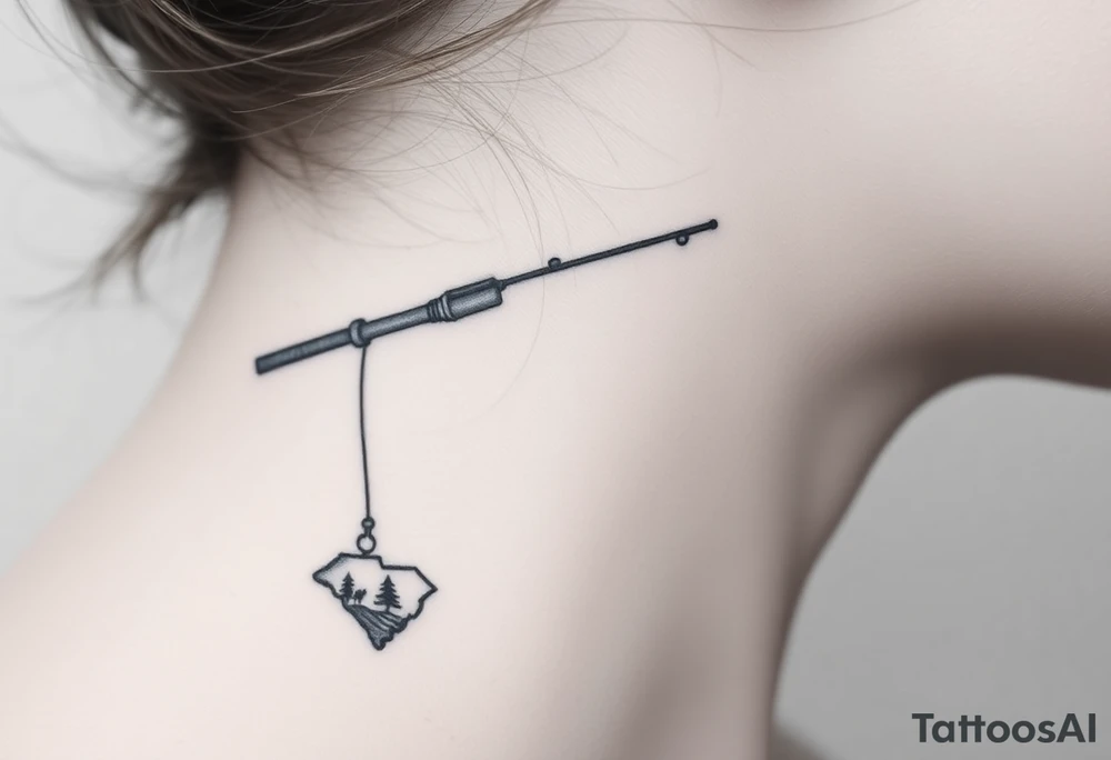 Old fishing rod with something showcasing South Carolina state dangling from top of the line tattoo idea