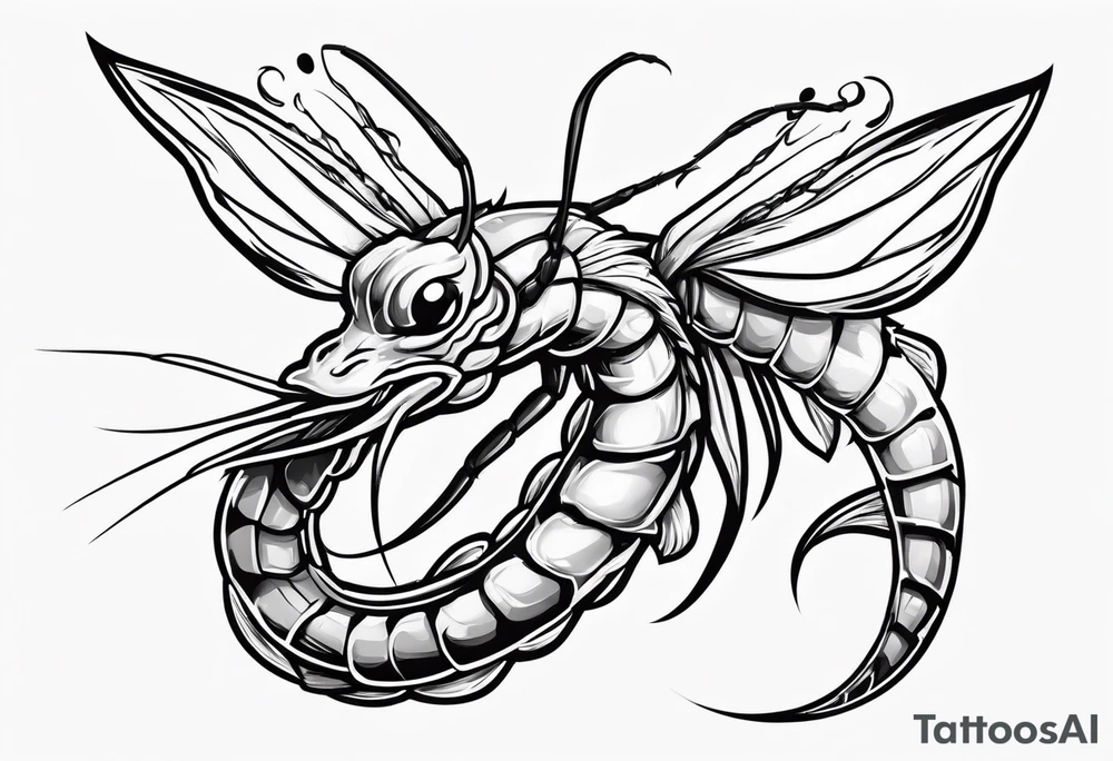 cartoon shrimp with a muscular superhero body flying through the air tattoo idea