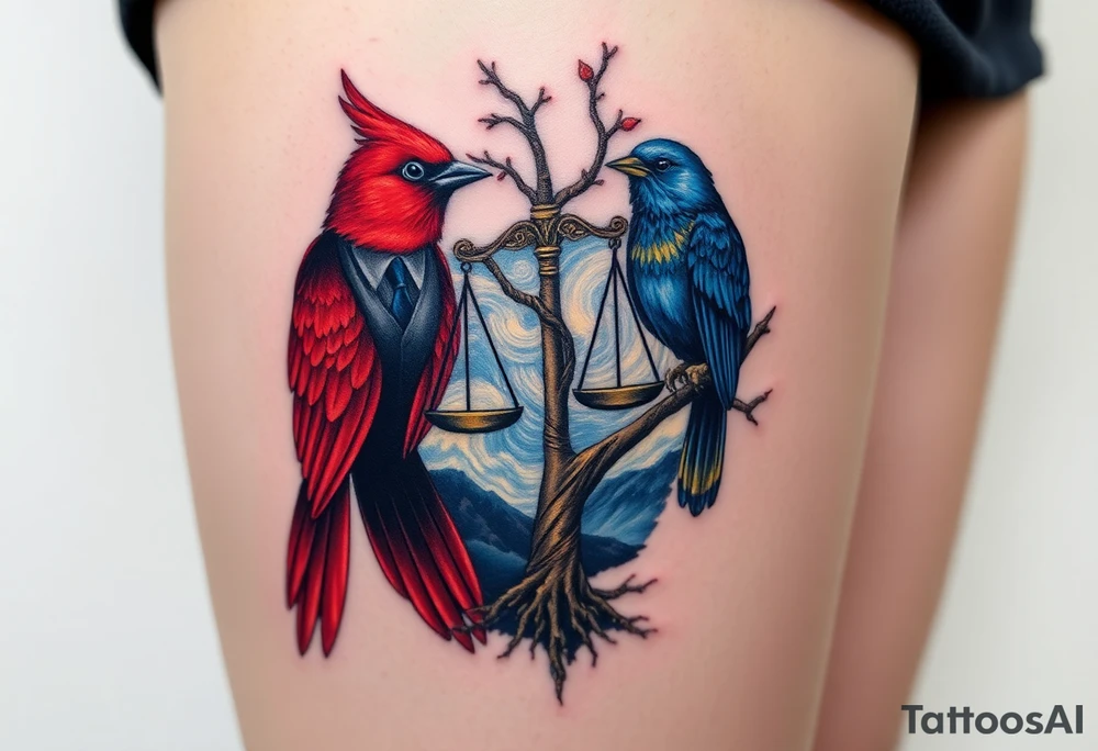 one of the birds red wearing a suit, other bird navy blue with glasses or holding a book, scales of justice built into a tree, starry night painting and mountain background tattoo idea