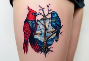 one of the birds red wearing a suit, other bird navy blue with glasses or holding a book, scales of justice built into a tree, starry night painting and mountain background tattoo idea