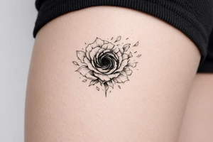 Single rose, petals shattering outwards, revealing a swirling dark abyss. tattoo idea