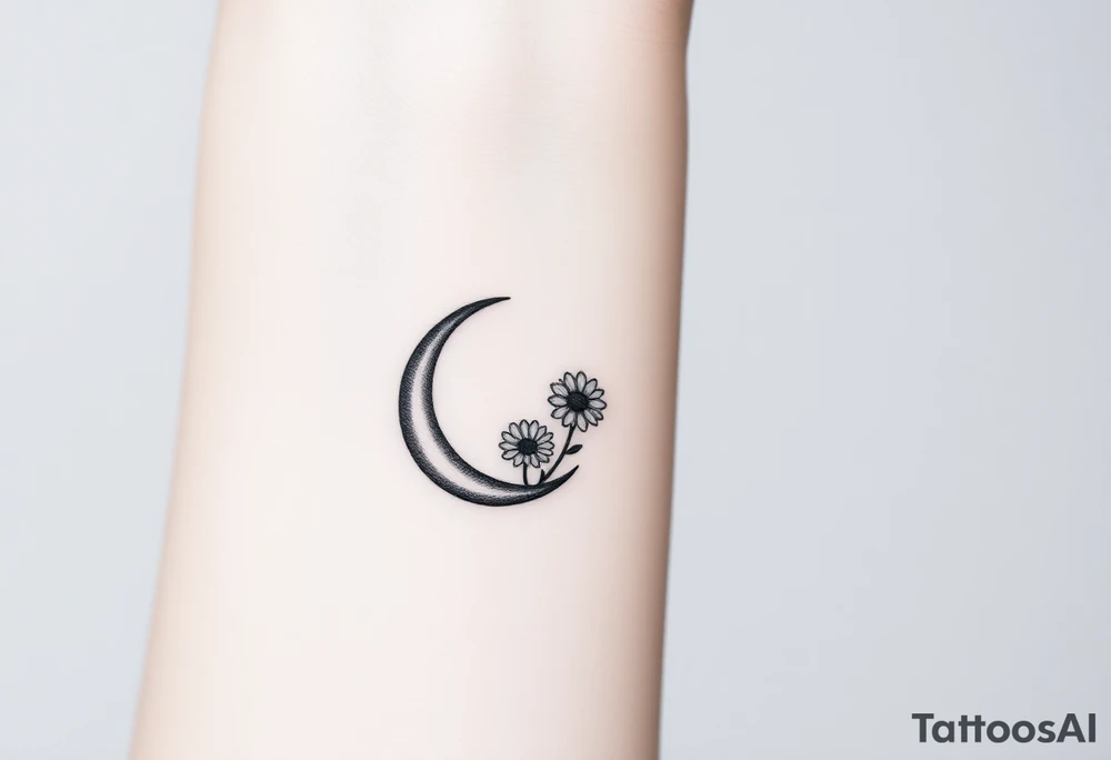 Small black and white tattoo waxing crescent moon with small Daisy birth flower and tiny Leo gliph tattoo idea