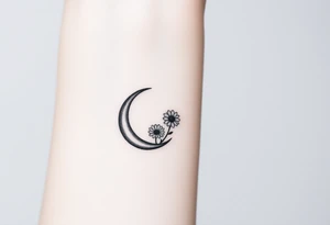 Small black and white tattoo waxing crescent moon with small Daisy birth flower and tiny Leo gliph tattoo idea