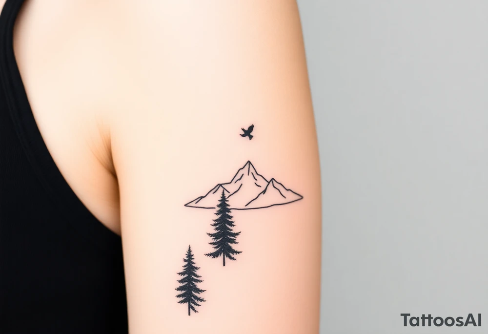 Tall pine trees thinning out, revealing a mountain horizon. Small bird flying above. Forest to clarity transition tattoo idea