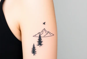 Tall pine trees thinning out, revealing a mountain horizon. Small bird flying above. Forest to clarity transition tattoo idea