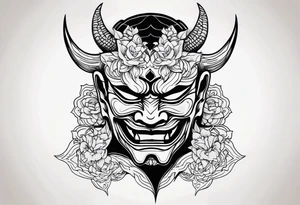 Um homem com a cabeça raspada usando uma máscara de hannya tattoo idea