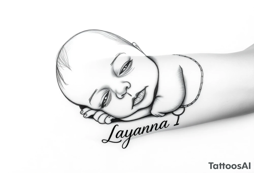 Baby girl newborn with just the eyes with the name layanna at the bottom of it tattoo idea