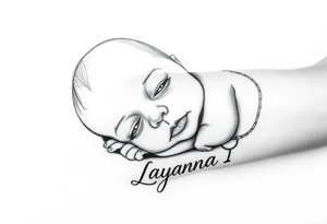 Baby girl newborn with just the eyes with the name layanna at the bottom of it tattoo idea
