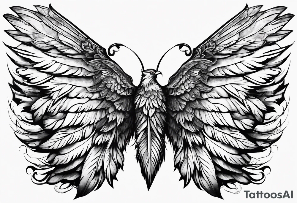 Realistic wings with an upside down cross between the wings tattoo idea Realistic wings with an upside down cross between the wings tattoo idea