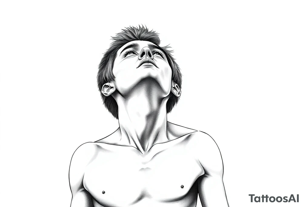a naked man coveing his eyes and mouth and looking up the sky tattoo idea