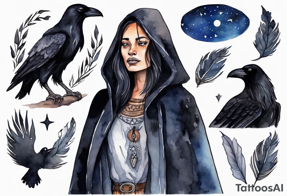 Watercolor of a Dakota woman with a black cloak, standing before the night sky, a raven on her shoulder tattoo idea