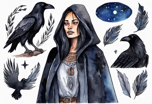 Watercolor of a Dakota woman with a black cloak, standing before the night sky, a raven on her shoulder tattoo idea