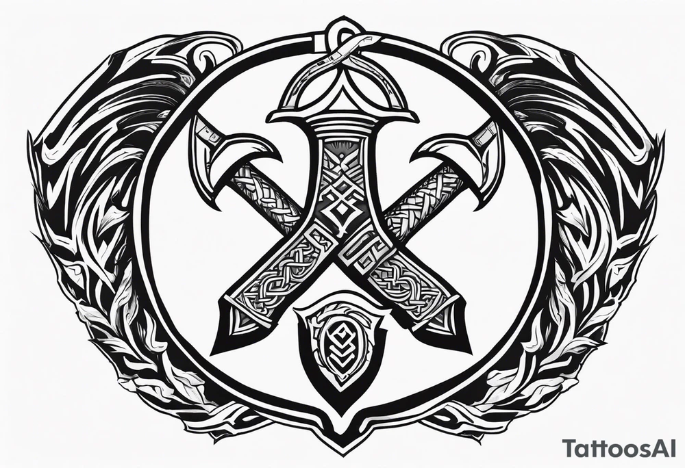 Valhalla sword shield dragon axe Valknut tattoo idea
