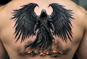 A towering Angel of Death with massive black wings, glowing red eyes, and a tattered hooded cloak, standing in a storm of ashes. tattoo idea