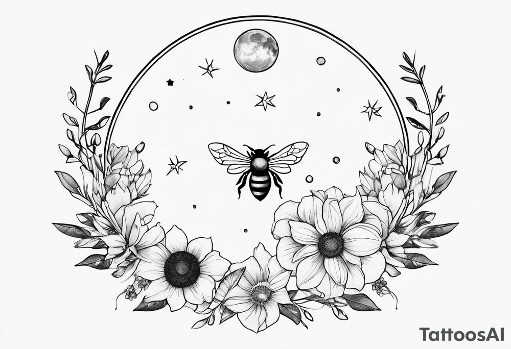 Moon phases, crystal, floral, bee’s tattoo idea