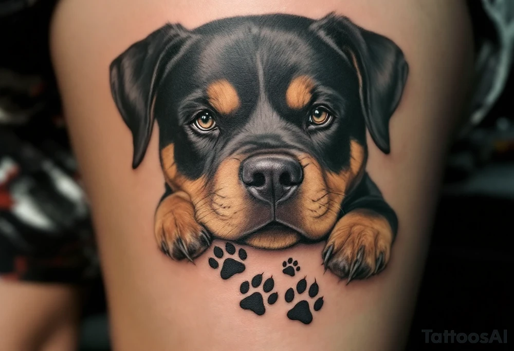 Rottweiler with Puppy Paws – A touching design of a large Rottweiler with tiny paw prints around or beneath it, symbolizing loyalty or family. Black and tan fur with faded paw detail. tattoo idea