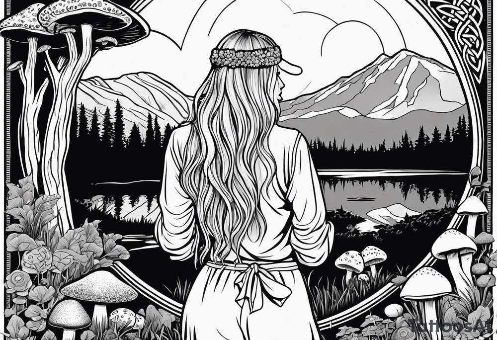 Whole picture encircled fully

Straight long blonde hair hippie girl in distance holding mushrooms in hand facing away toward mountains and creek surrounded by mushrooms long sleeve shirt and hiking pants; whole rendering within a full celtic circle, no cut off circle tattoo idea