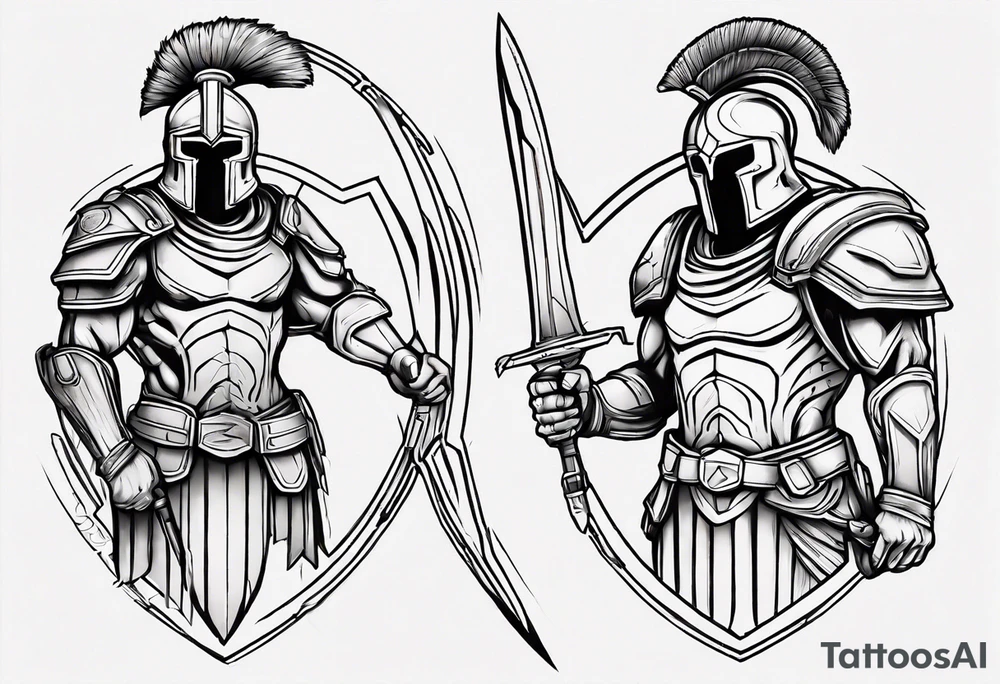 spartan soldier sleeve linework ultra-thin fine line linework tattoo idea