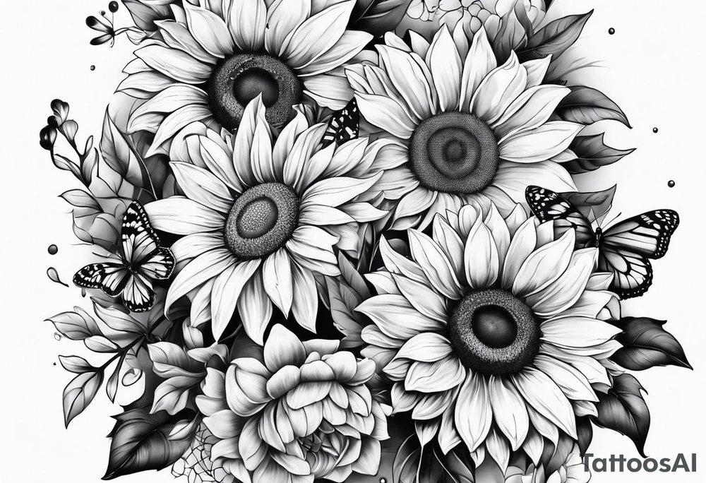 Arm sleeve with sunflowers and butterflies tattoo idea