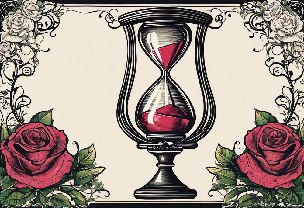 I want a tattoo-inspired design for a t-shirt that features a striking hourglass with a hand clock in the center, where the clock numbers are Amazigh numerals. The hourglass should have a bold, detailed look, with sharp lines and shading. Thorny roses should wrap tightly around the hourglass, with their vines and thorns creating a sense of depth and movement. Planets and stars should be incorporated in a way that they appear to orbit or emerge from behind the hourglass, giving the design a cosmic, timeless feel. The overall aesthetic should be bold and detailed, similar to blackwork tattoo designs, with a mix of natural and celestial elements."
black and whit design tattoo idea