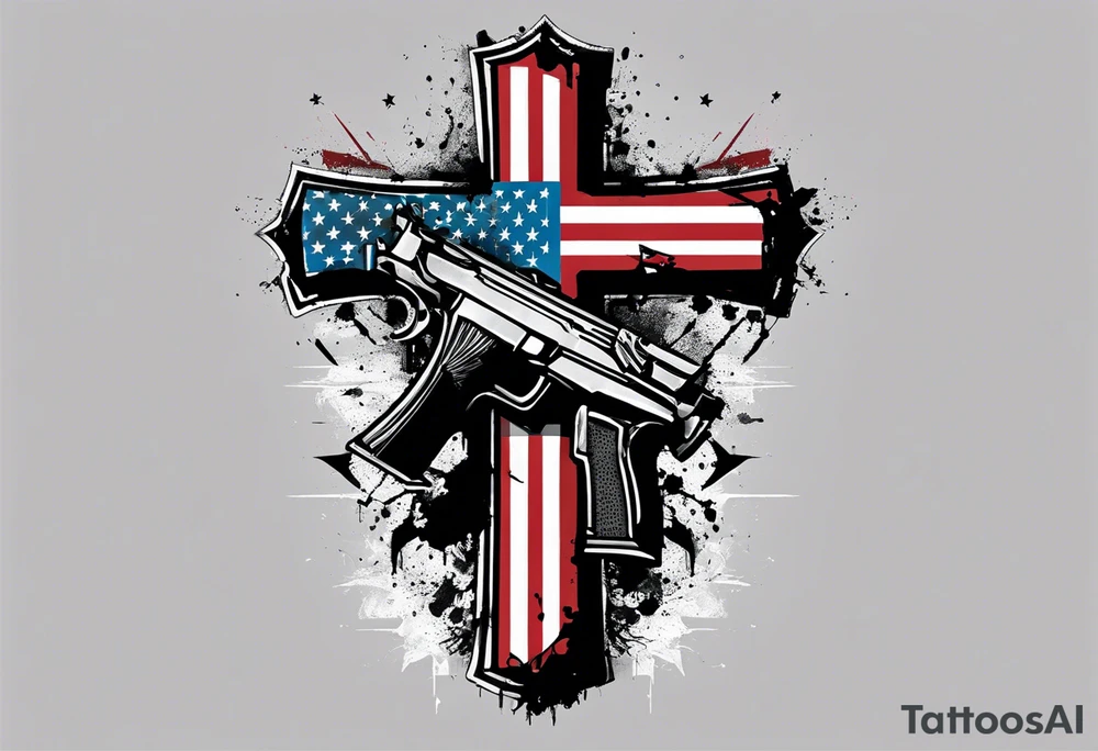 Distressed American flag behind a cross with 2 guns leaned on it simpler tattoo idea