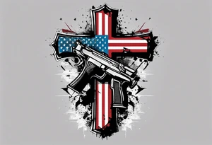 Distressed American flag behind a cross with 2 guns leaned on it simpler tattoo idea