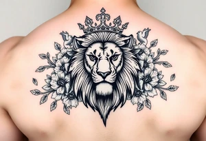 powerful majestic lion with a crown, surrounded by floral ornaments and birds tattoo idea