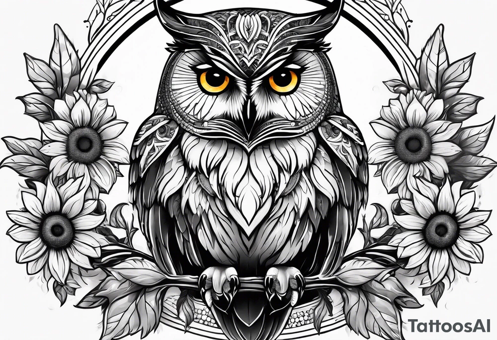Owl with sunflower body tattoo idea