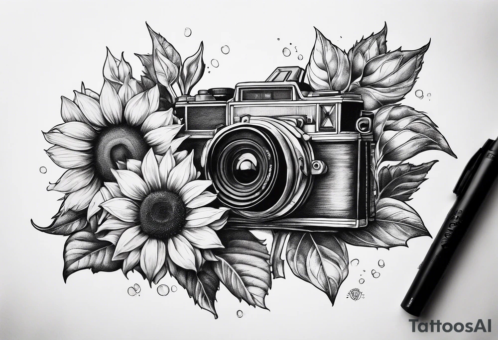 sunflower, camera, flower rose , book tattoo idea