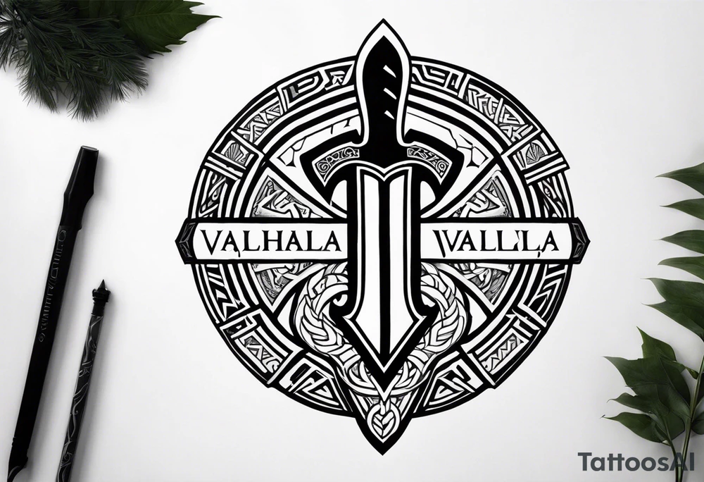 Valhalla sword shield dragon axe Valknut tattoo idea