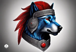 profile angle head of Dhu al-Qarnayn like Alexander the Grade with metal helmet in shape of wolf head and feather at each ear in colors blue and red in style of silver etching tattoo idea