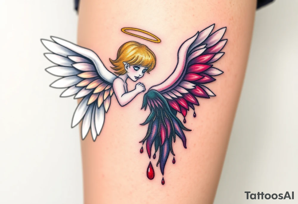 one angel, with brilliant white wings that shine with golden accents ageinst fallen angel, whose wings are tattered and darkened with deep purples, reds, and blacks, dripping with sorrowful tears of blood. tattoo idea