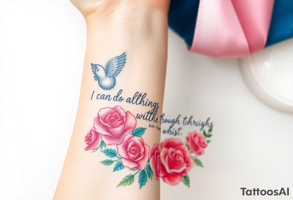 mary king and the bible verse “i can do all things through christ who strengthens me” and the verse with roses and an angel tattoo idea