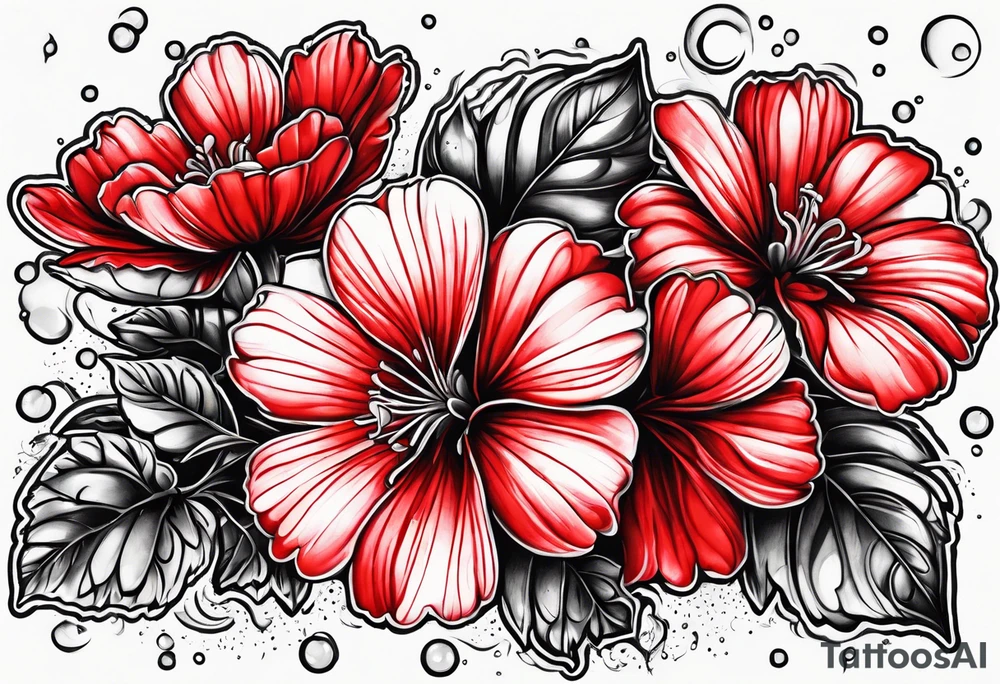 Scarlet geraniums rain with a crescent moon behind tattoo idea