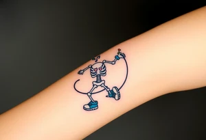 Funny smiley skeleton with love shape in his eyes jumping on a jump rope with blue headphones and blue armbands and blue sneakers with colorful music notes around his head tattoo idea