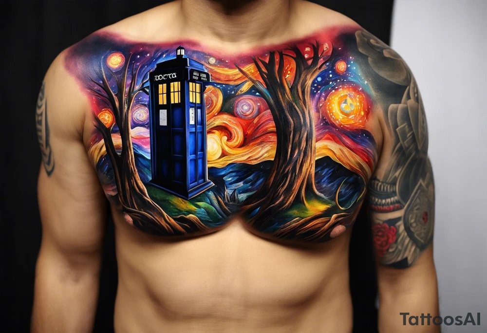 Quiero el diseño de un tatuaje a color para hombre que cubra el pectoral izquierdo, el hombro, el brazo y el antebrazo, debe ser estilo biomecanico, que incluya alusiones a ciencia ficción de doctor who, de Robert Heinlein y dee Isaac Asimov, que represente el dolor de la vida humana y también el futuro de la tecnología, debe tener el nombre de Itzel en el centro del hombro conectado a un corazón en el pecho tattoo idea