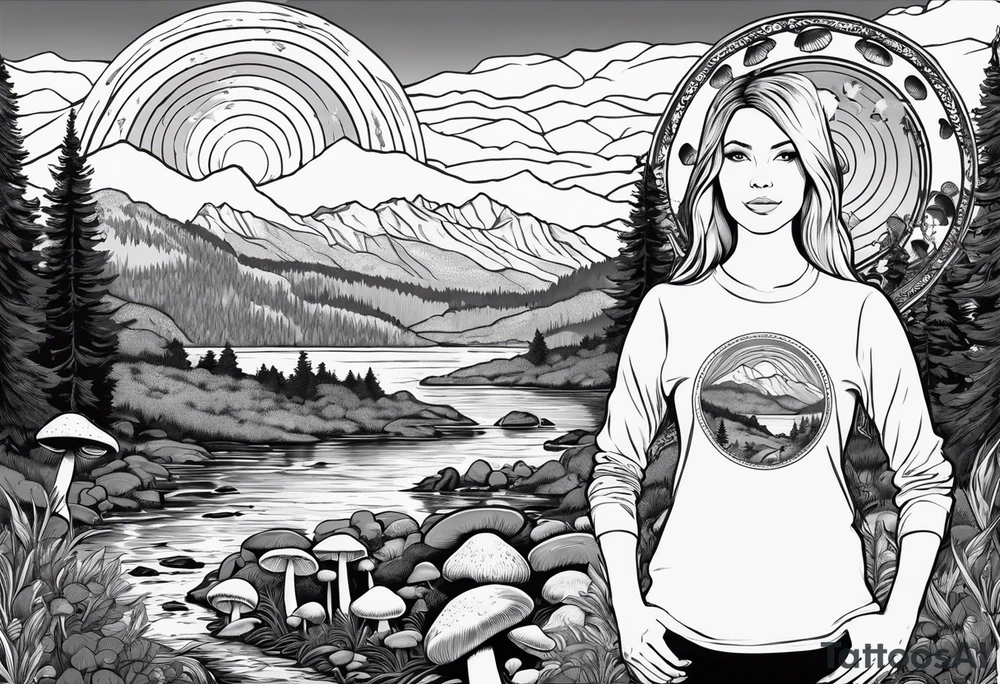 Whole picture encircled fully

Straight long blonde hair hippie girl in distance holding mushrooms in hand facing away toward mountains and creek surrounded by mushrooms long sleeve shirt and hiking pants; whole rendering within a full circle, no cut off circle tattoo idea