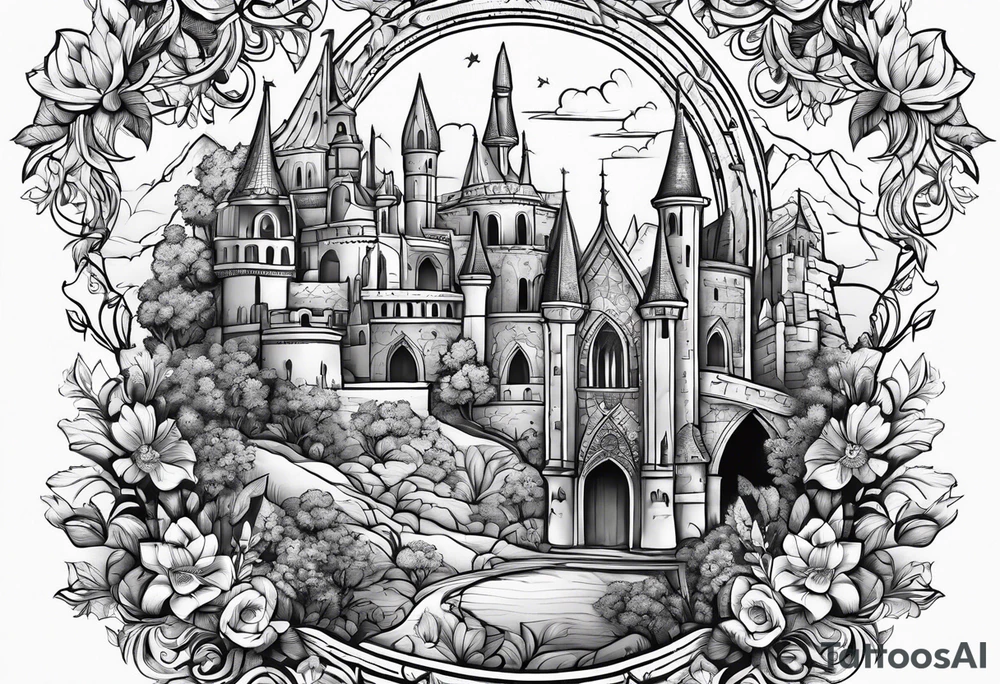 medieval tribal city 
floral  land  vignette tattoo idea