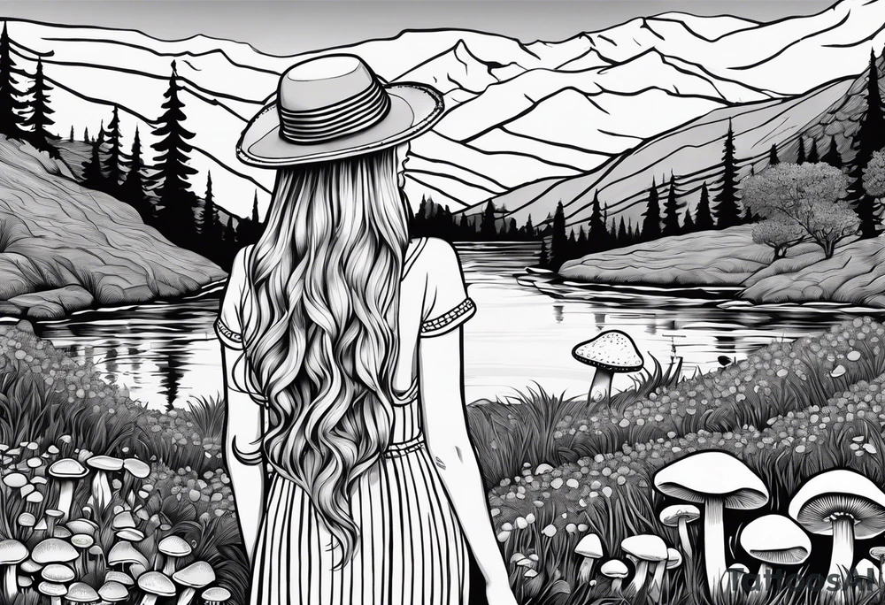 Straight long blonde hair hippie girl in distance holding mushrooms in hand facing away toward mountains and creek surrounded by mushrooms black and white striped dress tattoo idea