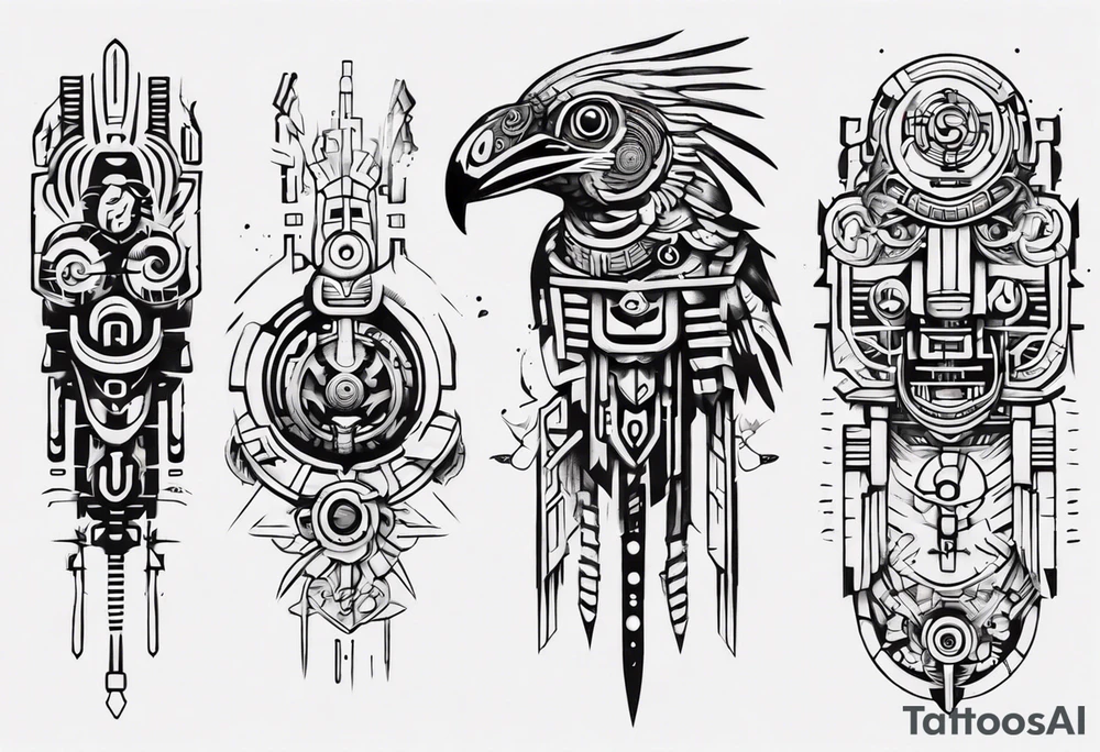 minimalist cyberpunk Mayan inspired Quetzal tattoo idea
