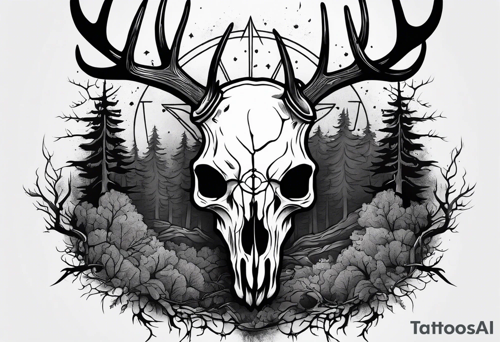A frightening horror DECAYING deer skull JUST BONE FROM THE SIDE surrounded by a forest fire in background tattoo idea