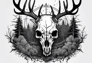 A frightening horror DECAYING deer skull JUST BONE FROM THE SIDE surrounded by a forest fire in background tattoo idea