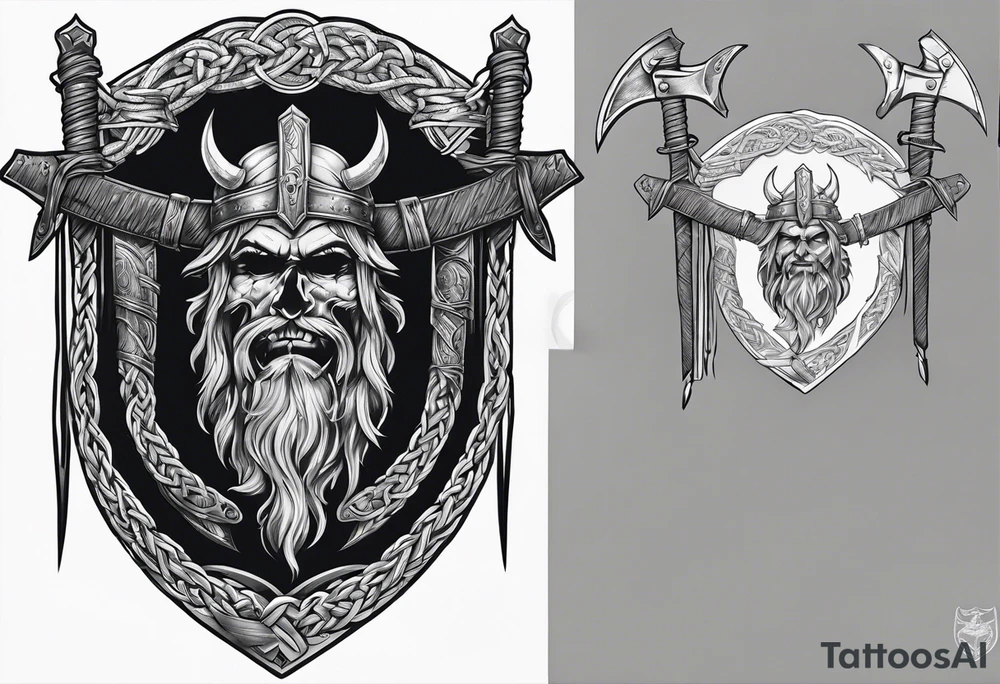Valhalla sword shield axe barbed wire chains dark cloud tattoo idea