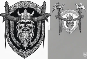 Valhalla sword shield axe barbed wire chains dark cloud tattoo idea