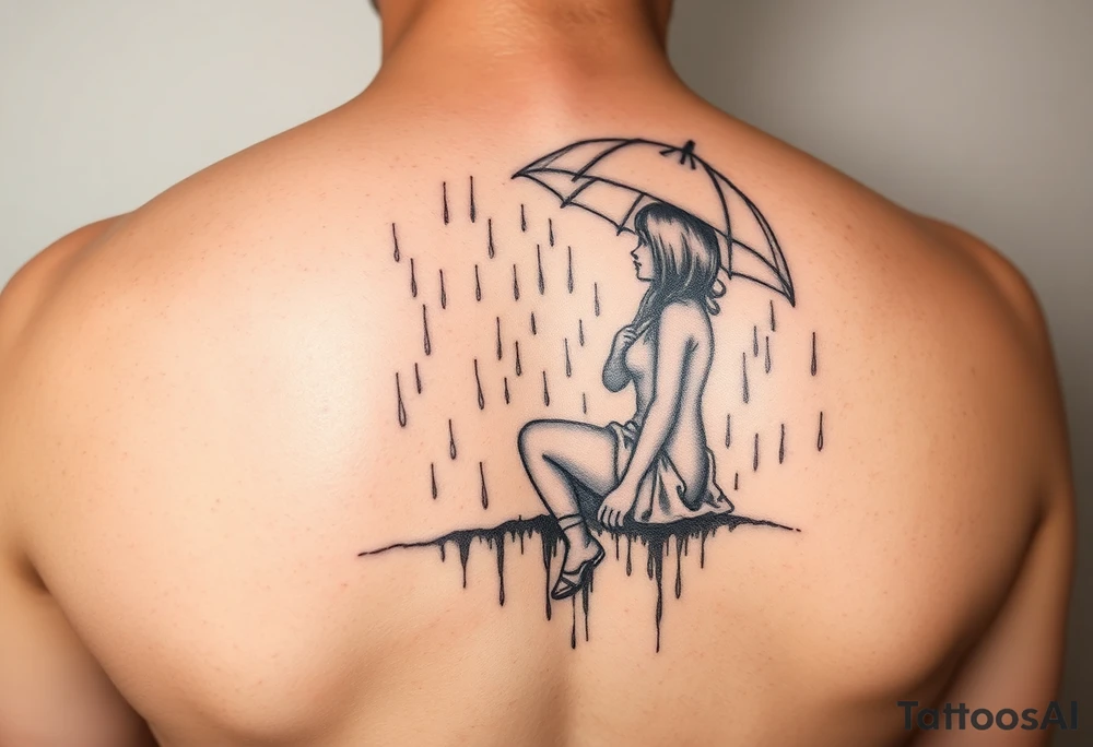 A girl sitting in the rain with no umbrella letting the rain take her away as it pours almost like she’s fading tattoo idea