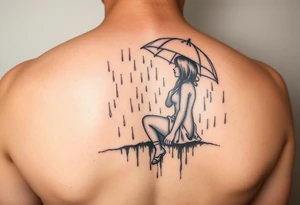 A girl sitting in the rain with no umbrella letting the rain take her away as it pours almost like she’s fading tattoo idea