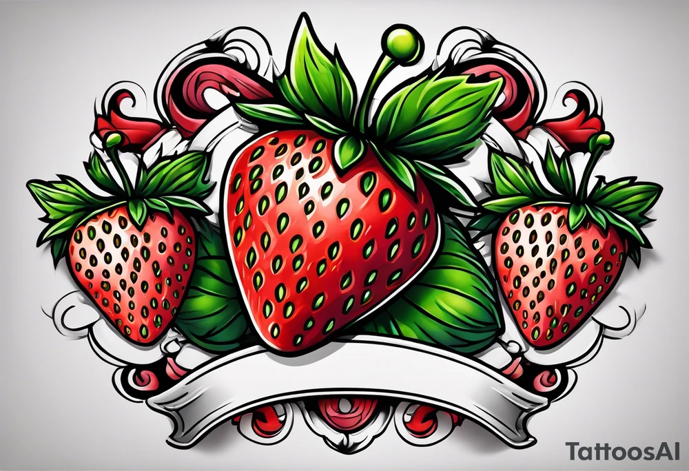 neo traditional Strawberry and Banner tattoo idea