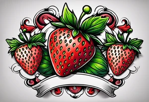 neo traditional Strawberry and Banner tattoo idea
