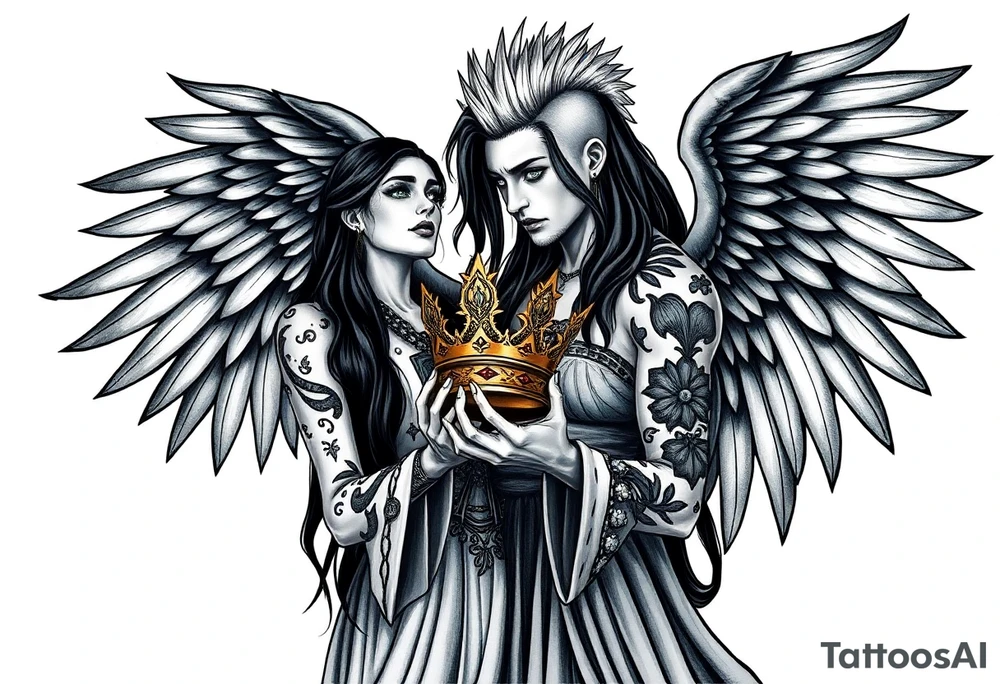 A Scorpio gypsy woman with wings like an angel and long black hair and green eyes holding a kings crown in her hands putting it on a tall man with silver short faux hawk hair and blue eyes. She is wearing a long flowing dress tattoo idea