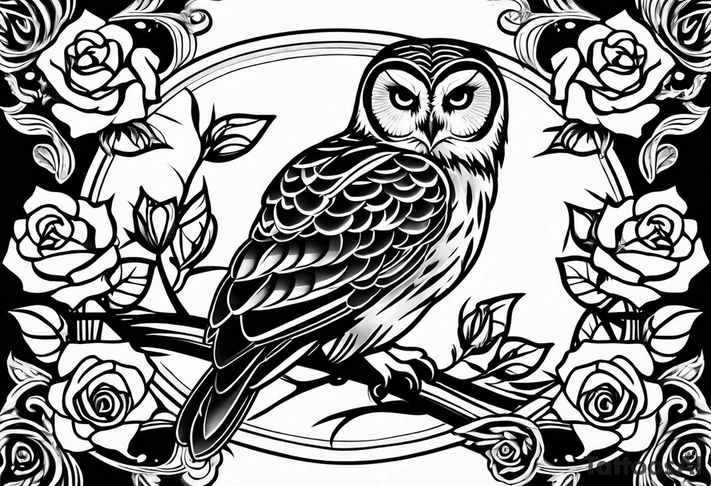 Barred owl and roses tattoo idea